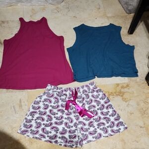 Pink and Teal Tank Tops with Paisley Shorts Set Bundle 3 Pieces  2 Tank Tops